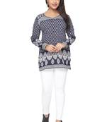 Dark Blue printed American crepe stitched short-kurtis Long sleeve