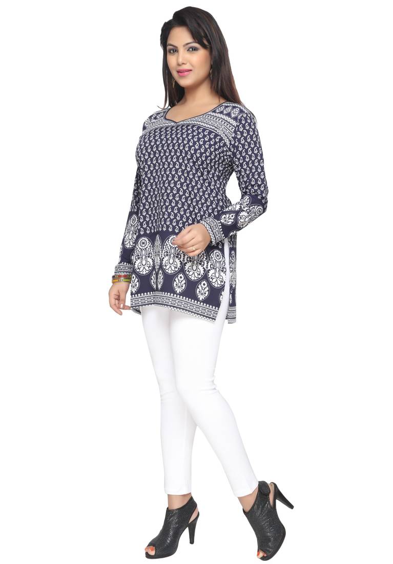 Dark Blue printed American crepe stitched short-kurtis Long sleeve