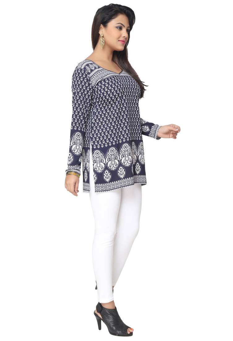 Dark Blue printed American crepe stitched short-kurtis Long sleeve