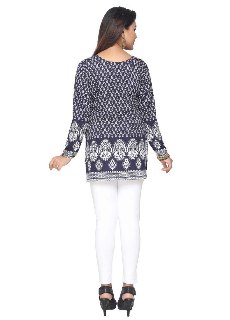 Dark Blue printed American crepe stitched short-kurtis Long sleeve