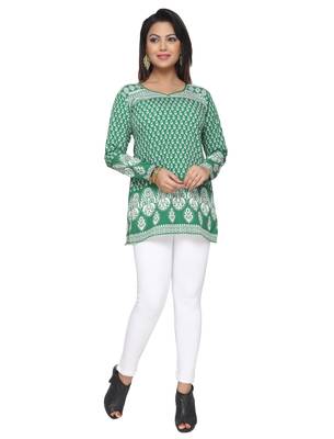 Dark Green printed American crepe stitched short-kurtis Long sleeve 1