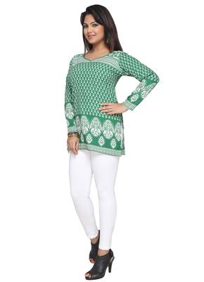 Dark Green printed American crepe stitched short-kurtis Long sleeve 2
