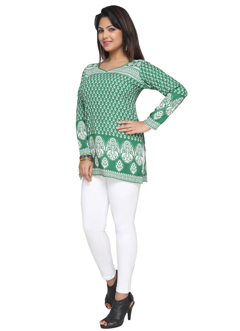 Dark Green printed American crepe stitched short-kurtis Long sleeve