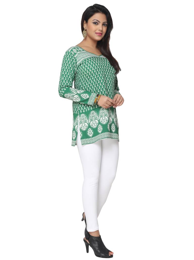 Dark Green printed American crepe stitched short-kurtis Long sleeve