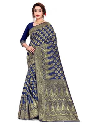 blue woven art silk saree with blouse 1