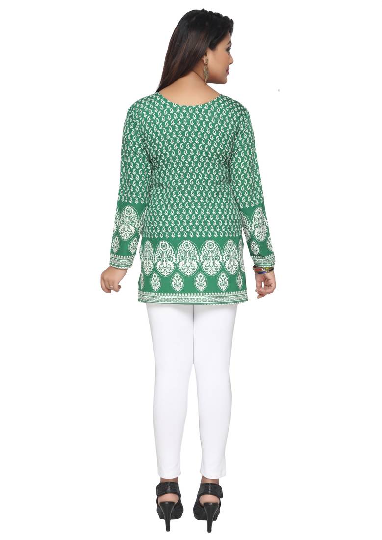 Dark Green printed American crepe stitched short-kurtis Long sleeve