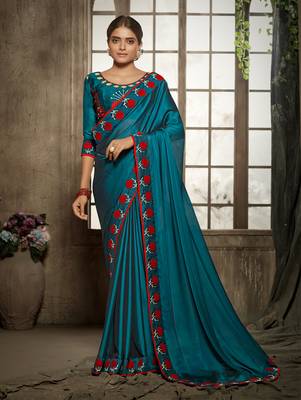 blue embroidered art silk saree with blouse 1