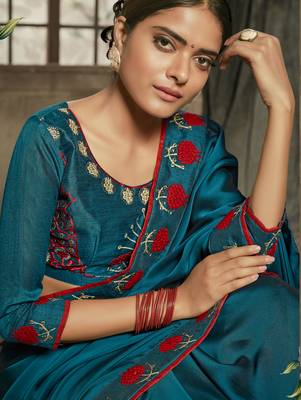 blue embroidered art silk saree with blouse 2