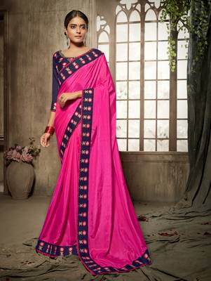 pink embroidered art silk saree with blouse 1