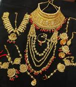 Latest Indian Bollywood Kundan Pearl Red Golden Full Bridal Jewelry set