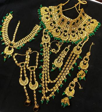 Latest Indian Bollywood Kundan Green Pearl Golden Full Bridal Jewelry set 1