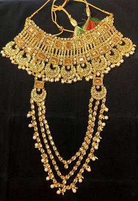 Latest Indian Bollywood Pearl Golden Kundan CZ Full Bridal Jewelry set 3