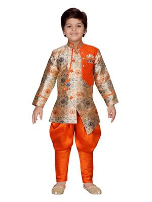 Orange printed silk boys-sherwani 1