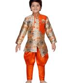 Orange printed silk boys-sherwani
