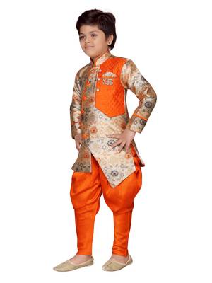 Orange printed silk boys-sherwani 2