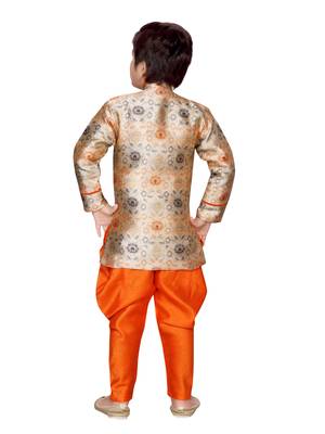 Orange printed silk boys-sherwani 3