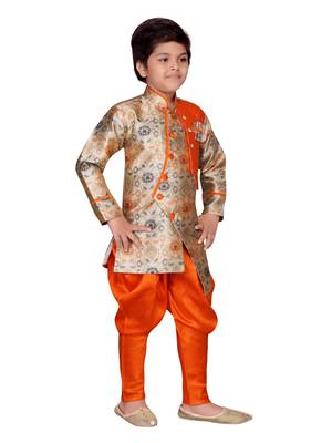 Orange printed silk boys-sherwani 5