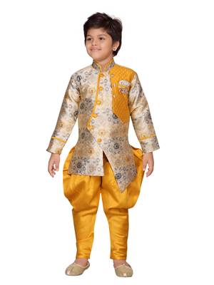 Yellow printed silk boys-sherwani 1