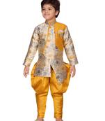 Yellow printed silk boys-sherwani