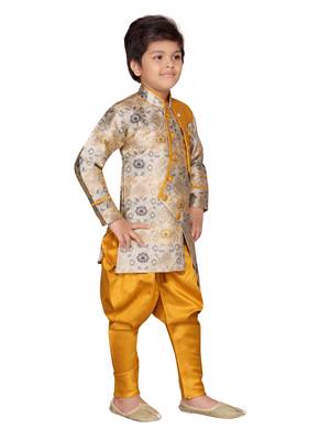 Yellow printed silk boys-sherwani 4