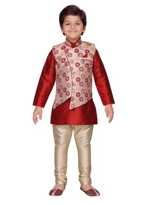 Maroon printed silk boys-kurta-pyjama 1