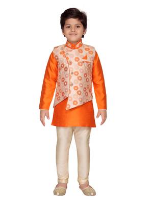 Orange printed silk boys-kurta-pyjama 1