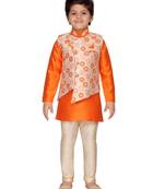 Orange printed silk boys-kurta-pyjama