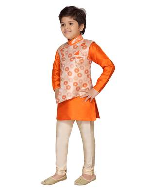 Orange printed silk boys-kurta-pyjama 2