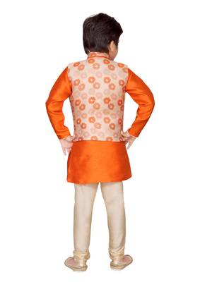 Orange printed silk boys-kurta-pyjama 3