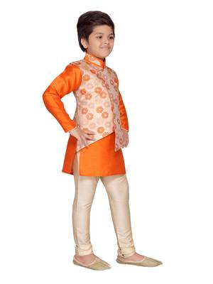 Orange printed silk boys-kurta-pyjama 5