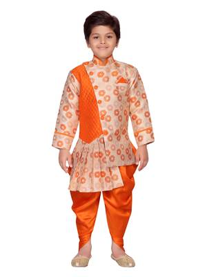 Orange printed silk boys-sherwani 1