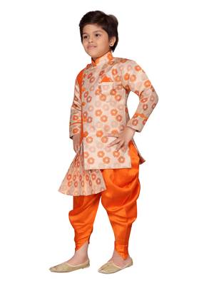 Orange printed silk boys-sherwani 2