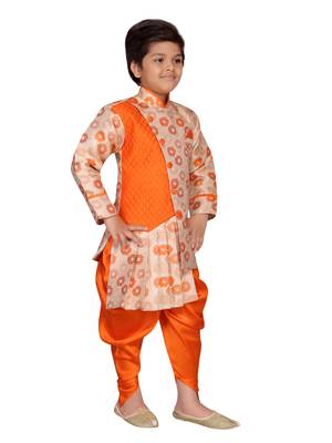Orange printed silk boys-sherwani 4