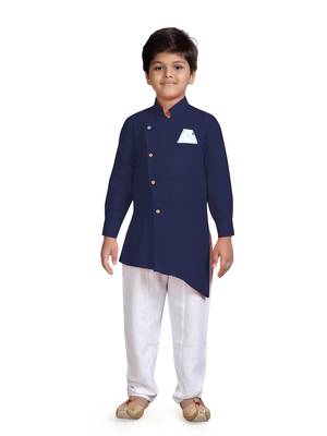 Blue plain cotton silk boys-kurta-pyjama 1