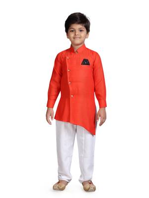 Orange plain cotton silk boys-kurta-pyjama 1