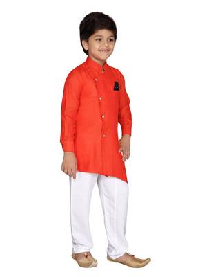 Orange plain cotton silk boys-kurta-pyjama 4