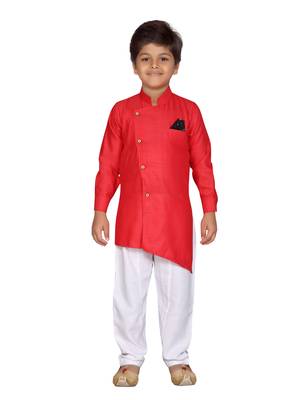 Red plain cotton silk boys-kurta-pyjama 1