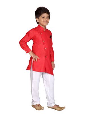 Red plain cotton silk boys-kurta-pyjama 4