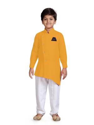 Yellow plain cotton silk boys-kurta-pyjama 1