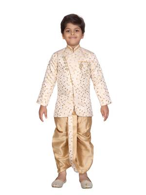 Beige printed jaquard boys-sherwani 1