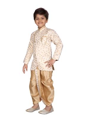 Beige printed jaquard boys-sherwani 2