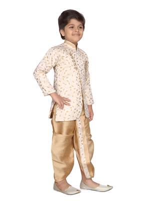 Beige printed jaquard boys-sherwani 4