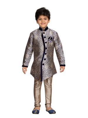 Blue printed silk blend boys-sherwani 1