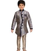 Blue printed silk blend boys-sherwani