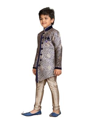 Blue printed silk blend boys-sherwani 2