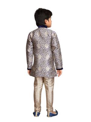 Blue printed silk blend boys-sherwani 3