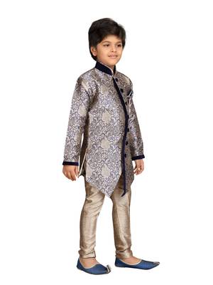 Blue printed silk blend boys-sherwani 4
