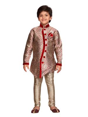 Maroon printed silk blend boys-sherwani 1