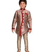 Maroon printed silk blend boys-sherwani