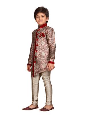 Maroon printed silk blend boys-sherwani 2